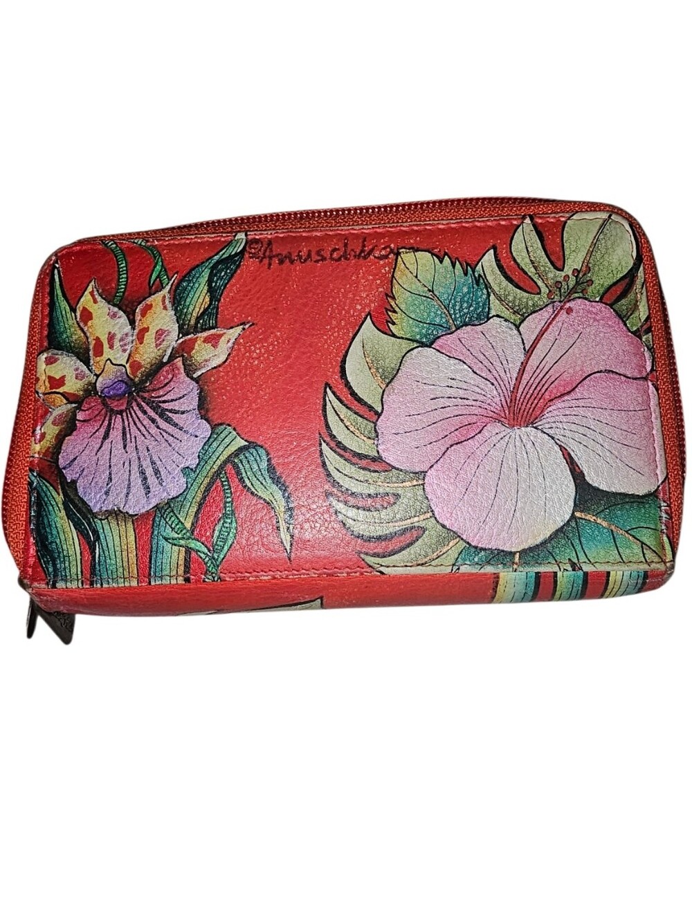 💰Anuschka Red Floral Hand-Painted Leather Zip Wallet with Pink Blooms